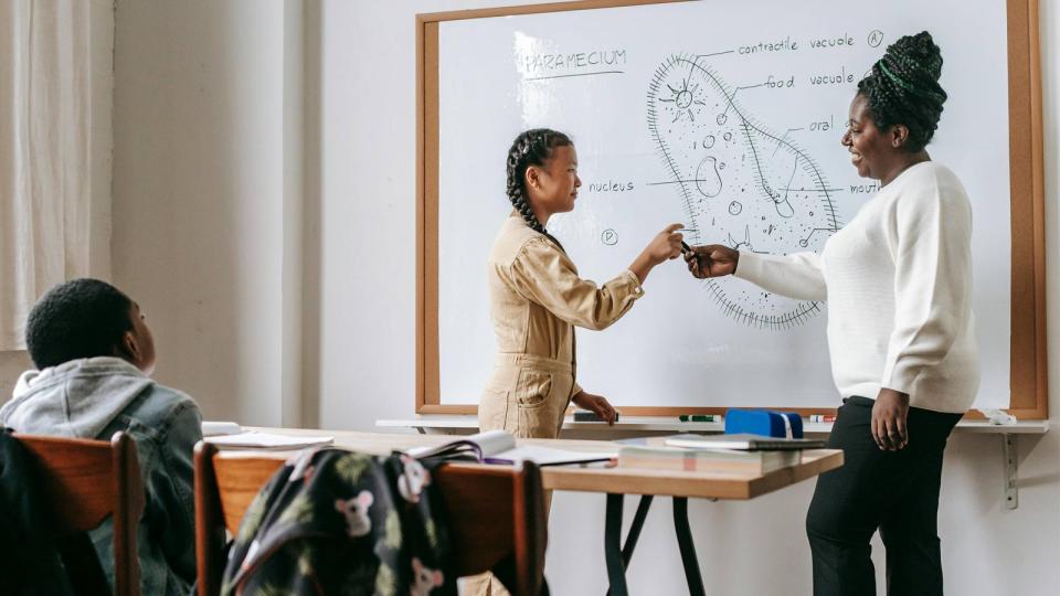 Teacher working with student at whiteboard